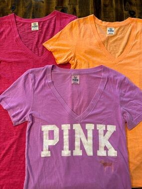 BUNDLE of 3 bright VS PINK sleepwear v-neck t-shirts women's sz S. purple orange